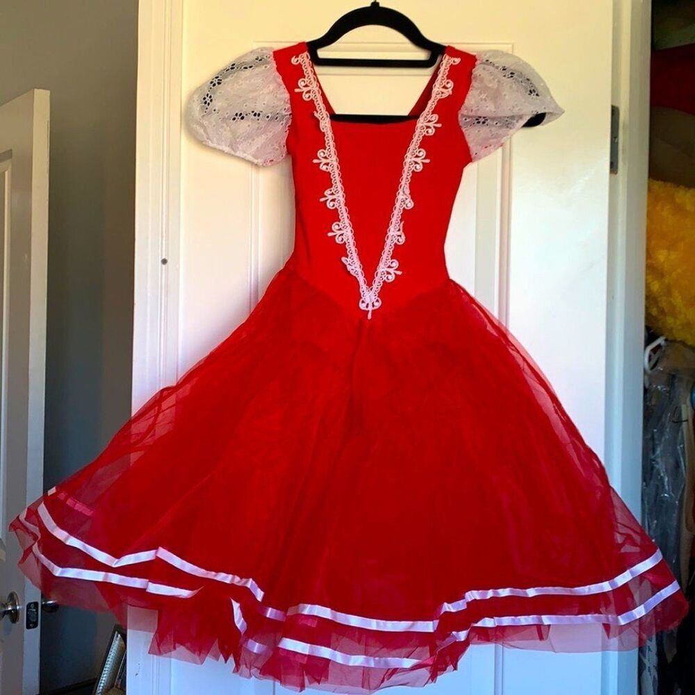 Girls Swiss Heidi Folk Ballet Dance Costume Red White Lace Intermediate Child